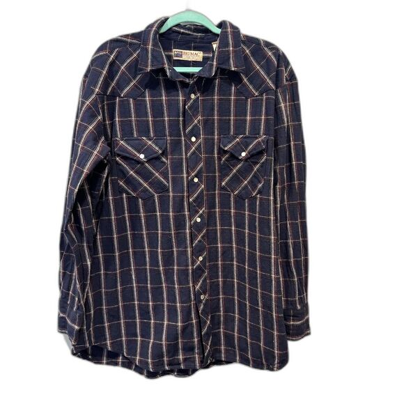 Vintage Big Mac Pearl Snap Flannel Shirt Navy Plaid 100% Cotton Western Mens XLT - Picture 2 of 7